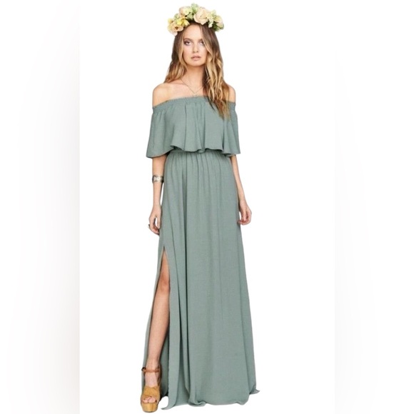 Show Me Your Mumu Hacienda off the shoulder maxi dress, silver sage crisp, small - Picture 1 of 11